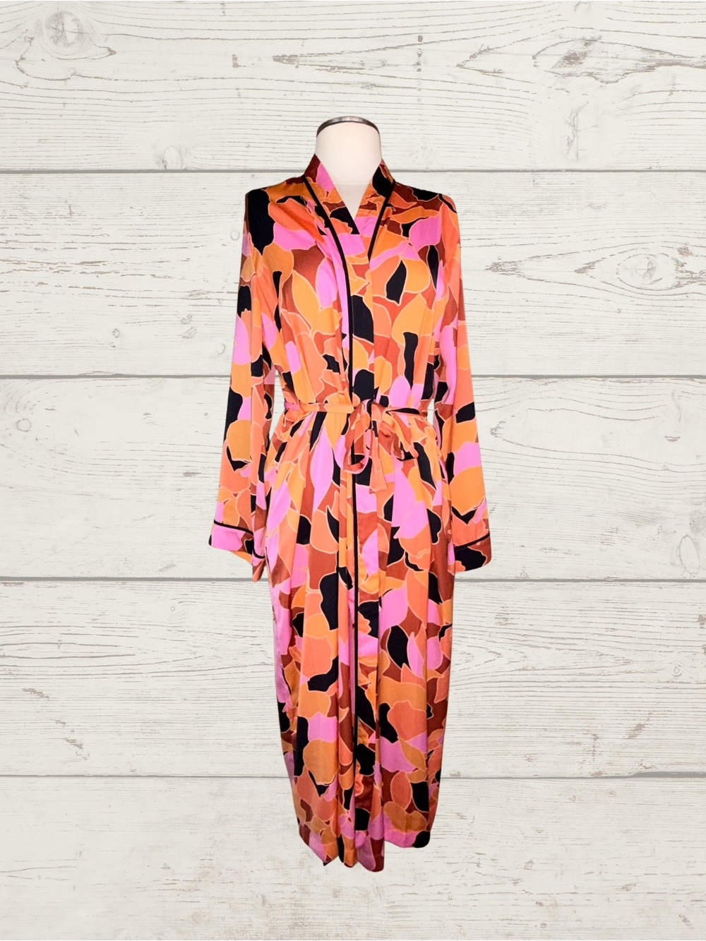 Sanctuary Abstract Floral Robe Pink Orange Black Satin Long Sleeve Belted Sz M